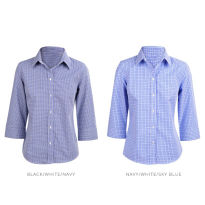 Ladies' Gingham 3/4 Sleeve Shirt - Two Tone