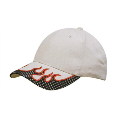 6 Panel Cap with Mesh Peak Trim & Flame Embroidery