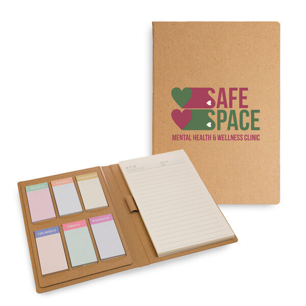 EcoPlan Daily Organiser with kraft cover, ruled pages, coloured sticky notes, and pen loop for eco-friendly organisation.